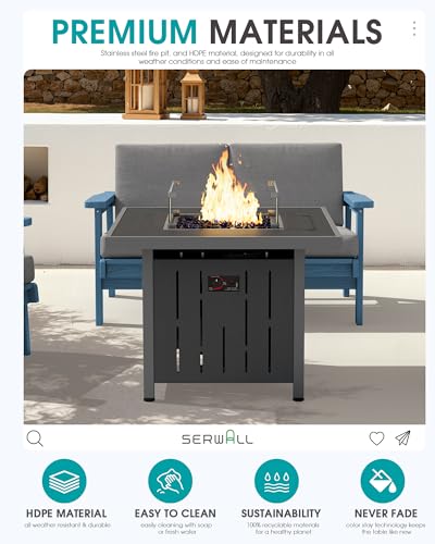 HDPE Patio Furniture Set with 33” Square Fire Pit Table (Grey/Grey)