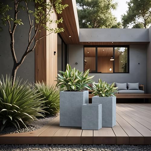 Set of 3 Blue Gray Concrete Tall Square Planters for Modern Home (Slate Gray / 18.5" H, 15.7" H, 12.6" H)