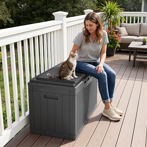 100 Gallon Resin Deck Box Large Outdoor Storage Boxes with Cushions for Garden Tools (Gray / 100 Gallon)