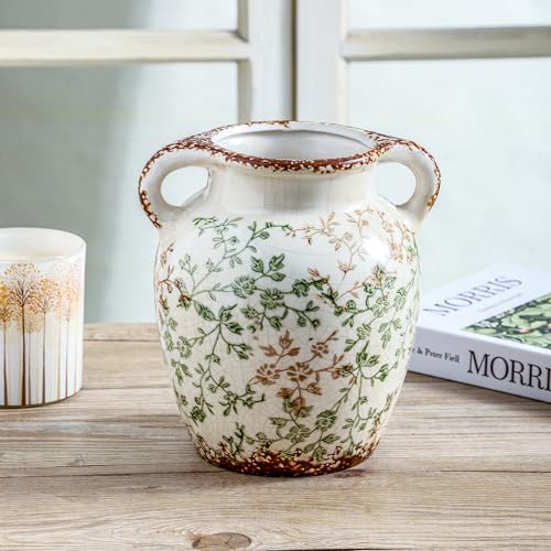 Vintage Vase Chinoiserie Ceramic Flower Vase with Double Handles (01-green and Beige-7.8 Inch)