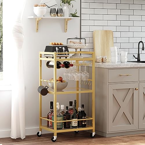 Gold Bar Cart with 3 Mirrored Shelves (Gold（3 Tier）)