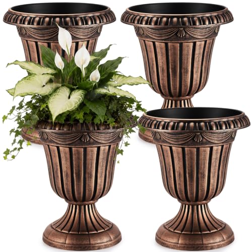 4 Pcs 13 x 15 Inches Brushed Copper Plastic Urn Planter Classic Flower Pots Front Porch Planters Indoor Outdoor Planters with Pedestal for Wedding Party Bridal Shower Garden Patio Porch (13 x 15 Inches / Brushed Copper)