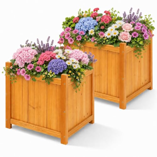 2 Pack 16" Square Fir Wood Planter Boxes with Drainage Holes (Square Planter Boxes-natural Fir Wood Color)