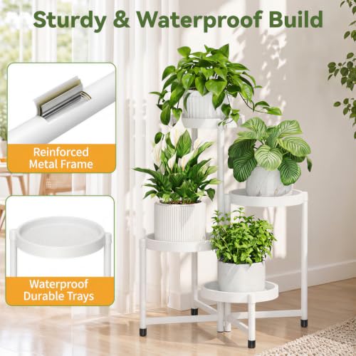 Plant Stand Indoor Outdoor with Large 10 Inch Plastic Tray (Solid White with Large Tray / 4 Tier)