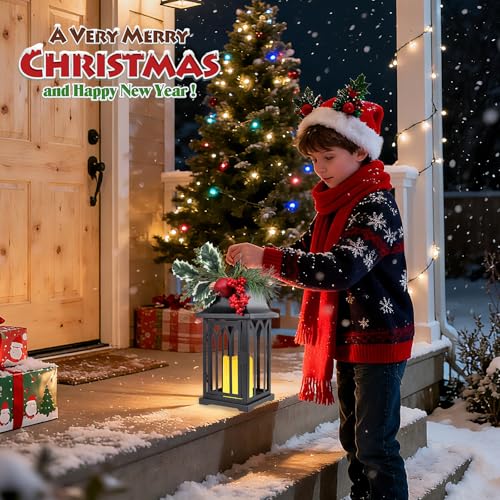 15 Inch Black Christmas Lanterns Set of 2 with LED Flameless Candles