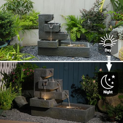 26" H Outdoor Water Fountain with 4 Tiers Cascading Rock Texture (49.5H / Deep Gray)