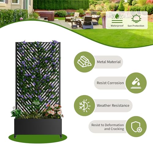 Metal Planter Box with Trellis and Wheels (Black / Rectangular E)