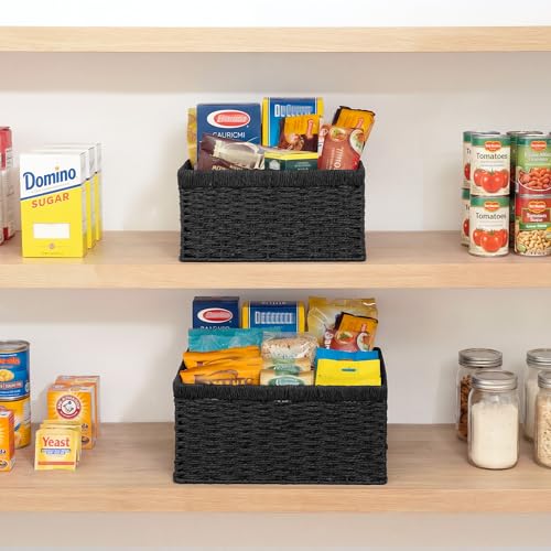 Wicker Storage Baskets for Organizing (Black (Paper Rope) / 15"L x 11"W x 7"H + 13"L x 9"W x 6¼"H)