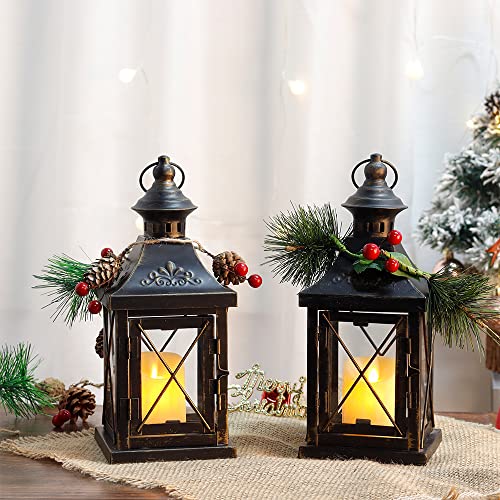 Set of 2 Decorative Candle Lantern 11'' High Metal Candle Holder Hanging Lantern Perfect for Home Decor Halloween Living Room Parties Events Tabletop Indoors Outdoors (Black)