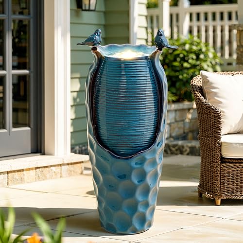 Autodaya 33" Vase Ceramic Outdoor Water Fountain with Lights and Birds (33"h-birds Jar Turquoise Glaze)