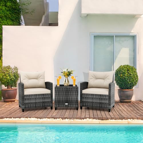 3 Pieces Patio Conversation Set PE Rattan Outdoor Furniture Sofa Set with Removable Cushion (Mix Grey & Beige)