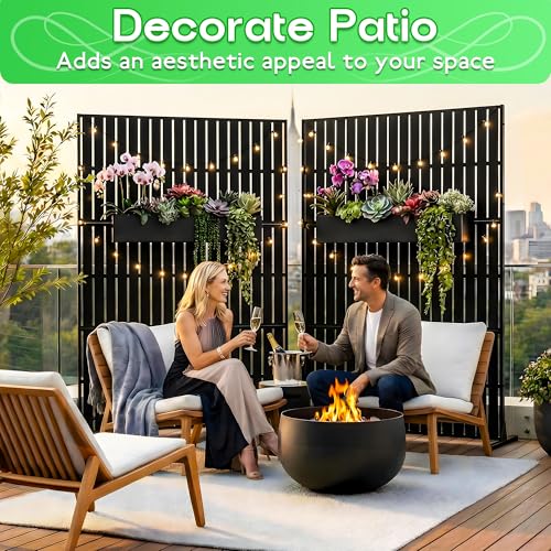 Metal Privacy Screen 72" H x 47.2" Decorative Outdoor Privacy Screen Privacy Panel with Stand for Balcony Deck Patio Lawn Garden (Black-Vertical / Without Planter Box)