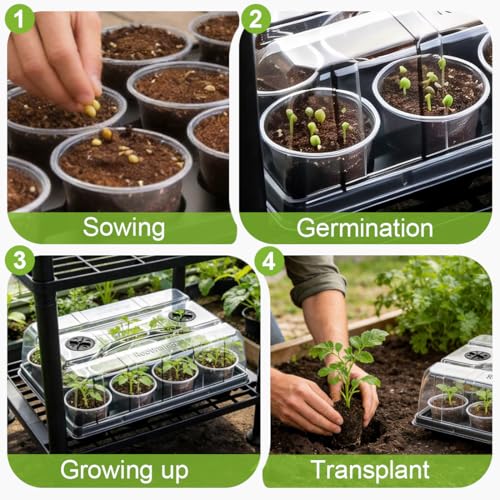 5 Pack 12 Cell Nursery Pot Trays with Adjustable Humidity Domes & 4 Inch Clear Pots 60 Pack (Black + Clear / 4 Inch 60 Pack Pots With 5 Pack Trays with Domes)