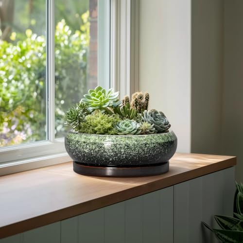 Bonsai Pots 13 Inch Ceramic Succulent Planters Indoor (13 Inch / Retro Green)
