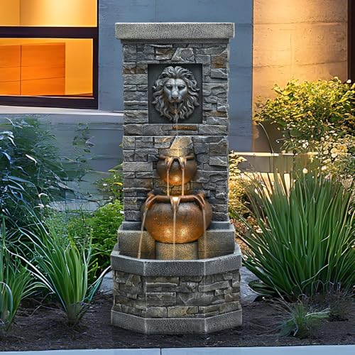 42'' Lion Head Outdoor Water Fountain with Lights (Lion Head 42in)