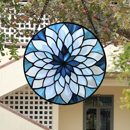 Abstract Lotus Stained Glass Window Hanging Suncatcher Gift for Women 9.8" (Blue and White / 9.8x9.8 IN)