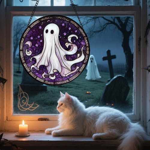 Halloween Purple Ghost Stained Glass Window Hanging Suncatcher Gifts 15"