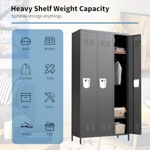 3 Doors Metal Lockers for Employees 71" H Storage Cabinet Lockable Locker with Shelves Steel Storage Locker for Gym School Office Home Requires Assembly (3 doors-72" / Black)
