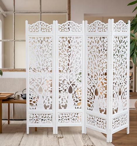Room Divider Wooden Foldable Hand Carved Screens Panel 80" Wx72 H 4Panel (Antique White / 80"W x 72"H - Tree)
