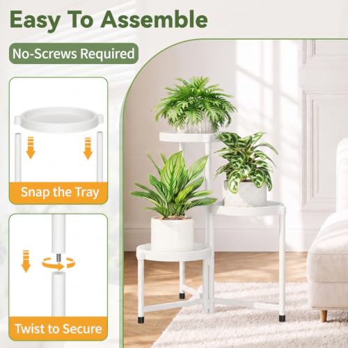Plant Stand Indoor Outdoor with Large 10 Inch Plastic Tray (White with Large Tray / 3 Tier)