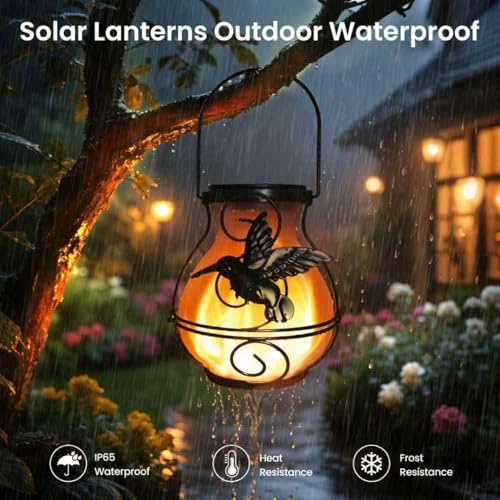 4 Pack Solar Lanterns Outdoor Waterproof Flickering Flame Lights Hummingbird Metal Hanging Solar Lantern Patio Porch Garden Decoration (4 Packs)