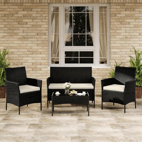 4 Piece Outdoor Patio Furniture Set (Black/Beige / 4 Pieces)