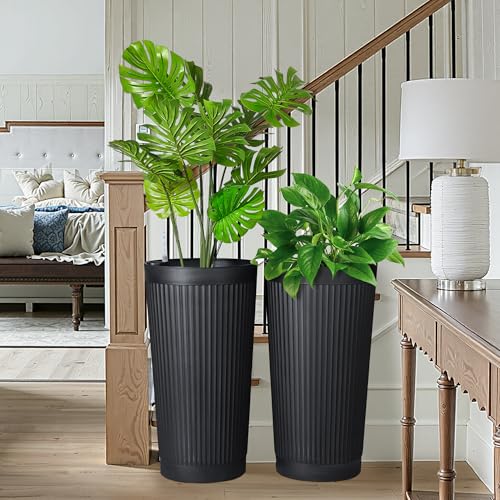 Self Watering Tall Planters Set of 2 (Black-round Ribbed)