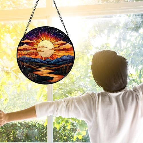 Sunburst Mountain River Stained Glass Window Hanging Suncatcher Gifts 9.8"