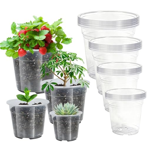 52 Pack 7/6/5/4 Inch Clear Nursery Pots with Drainage Holes,Plastic Plant Flower Pots for Planting,Succulents,Garden,Planters,Seed Starter,Indoor and Outdoor (Clear / 7/6/5/4 Inch)