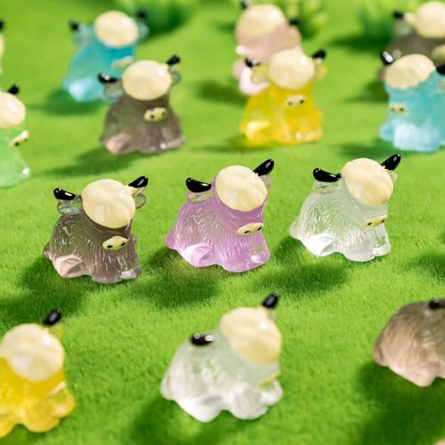 56 Pcs Mini Yak Figurines Bulk Mini Cow Figurines Cake Decorations Miniature Resin Sculpture Ornament Micro Landscape Office Garden Desk Party Tabletop Decor (Glow Yak-56p)