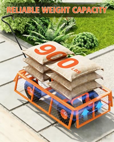 Heavy Duty Steel Garden Cart 900 LBS Capacity 3 in 1 Pullable Garden Wagon with 10 in Wheels for Gardening Soil (Orange / 900 lbs)