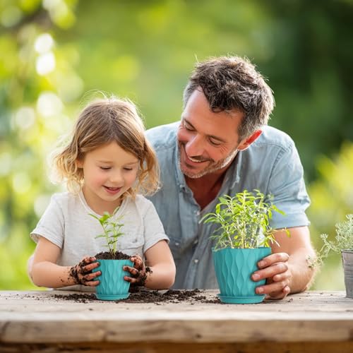7/6.5/6/5.5/5/4.5/4 inch Plant Pots for Indoor Outdoor Plants, 7 Pack Thick Flower Pots with Drainage Holes and Saucers, Modern Wave Texture Small Plastic Planters Nursery Pots, Blue Green (Blue Green / 7+6.5+6+5.5+5+4.5+4 inch 7 pieces)