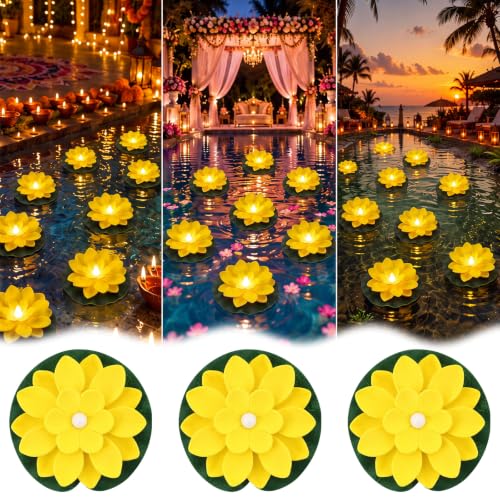 9 Pcs 3.94 in Floating Lotus Lights with Battery (3.94 Inch / Yellow)