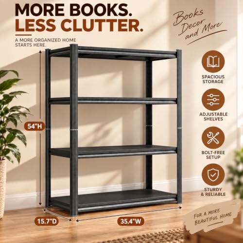 Heavy Duty Metal Bookshelf Adjustable 4 Tier Book Shelf with Bolt (4Tier 54"H×35.4"W×15.7"D)