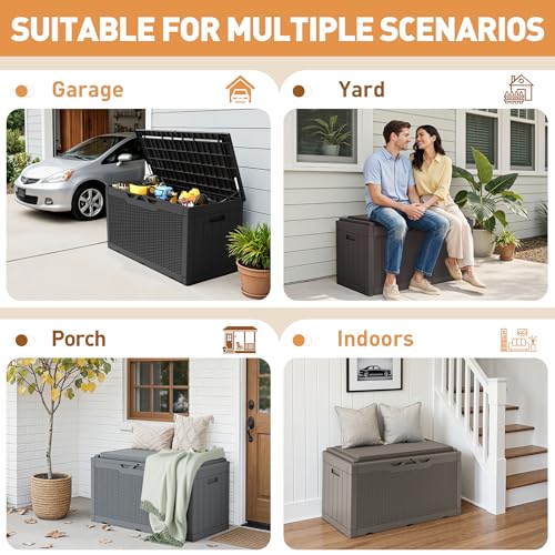 100 Gallon Resin Deck Box Large Outdoor Storage Boxes with Cushions for Garden Tools