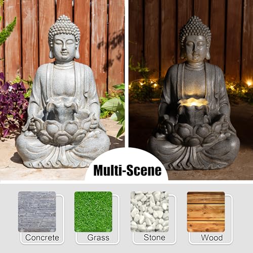 Buddha Fountain Outdoor with Pump & LED Light 23.25" H (Concrete Buddha W/Lotus Leaf&flower Basins / 23.25"H)