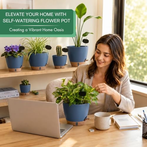 5 Pack Self Watering Planter Pots 10 (Blue / 6.5/7/8/9/10 Inch)