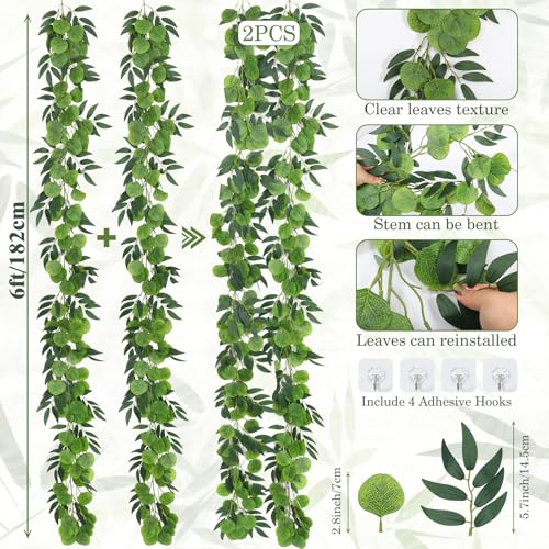 Artificial Silk Eucalyptus Vine Garland with Willow Leaves 2P 6Ft (Eucalyptus Leaf Dark Green)