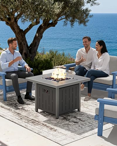 HDPE Patio Furniture Set with 33” Square Fire Pit Table (Black/Grey)