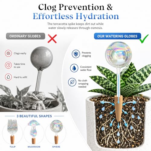 Non Clogging Iridescent Ball Plant Watering Globes with Terracotta Spikes (3 Iridescent Balls)