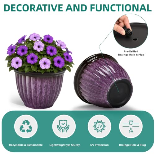 15" Large Planters for Outdoor Plants Set of 2 Plastic Flower Pots (15"-gradient Purple)