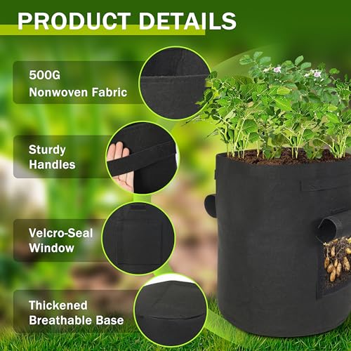 4-Pack 15-Gallon Grow Bags with 2 Flaps and Reinforced Handles,Non-Woven Potato Grow Bags, Heavy-Duty Thickened Aeration Fabric Pots for Potatoes, Tomatoes, Flowers, and Vegetables (4 Count)