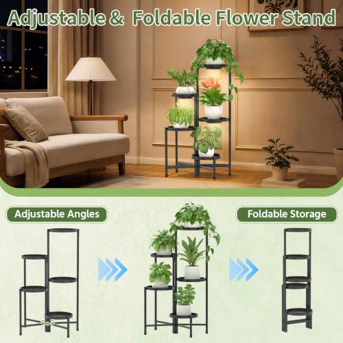 Plant Stand Indoor 10 Inch Large Tray With Lights (Black with Light / 5 Tier)
