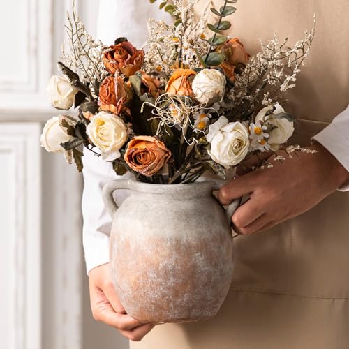 Ceramic Flower Small Vase 6 inch Farmhouse Rustic Vase Decorative Pottery Terracotta Vases for Home Decor Table Mantle Fireplace Living Room Bathroom Wedding Centerpiece (S-aged Terra)