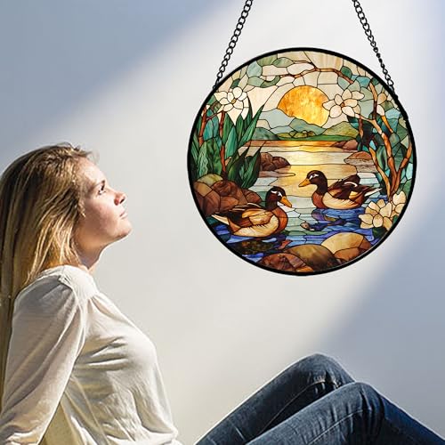Stained Glass Window Hanging Duck Pond Suncatcher Gifts for Women 7.8"