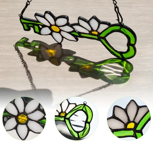 Flower Stained Glass Suncatcher for Window Hanging (White, Green)
