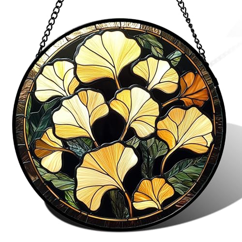 Ginkgo Leaves Stained Glass Window Hanging Suncatcher Gifts for Women 15"