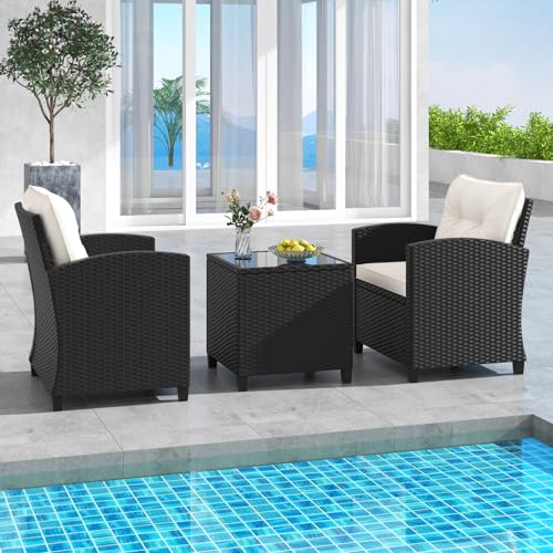 3 Pieces Wicker Patio Conversation Set (Black & Off White)