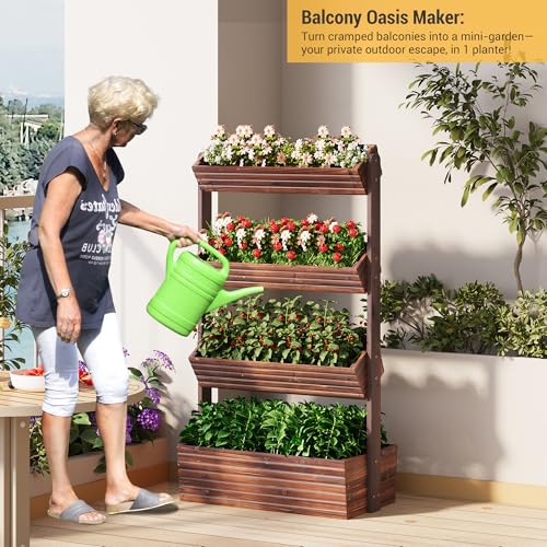 Wood Vertical garden planter herb Raised garden bed indoor kit standing (Carbonized / 4-Tier)