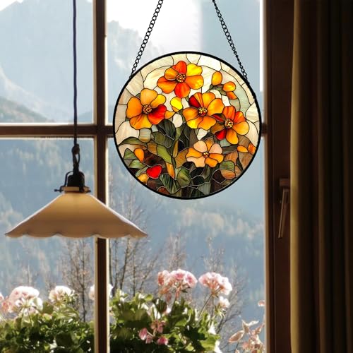 Orange Calendula Flower Stained Glass Window Hanging Suncatcher Gifts 15" (Orange / 15x15 IN)